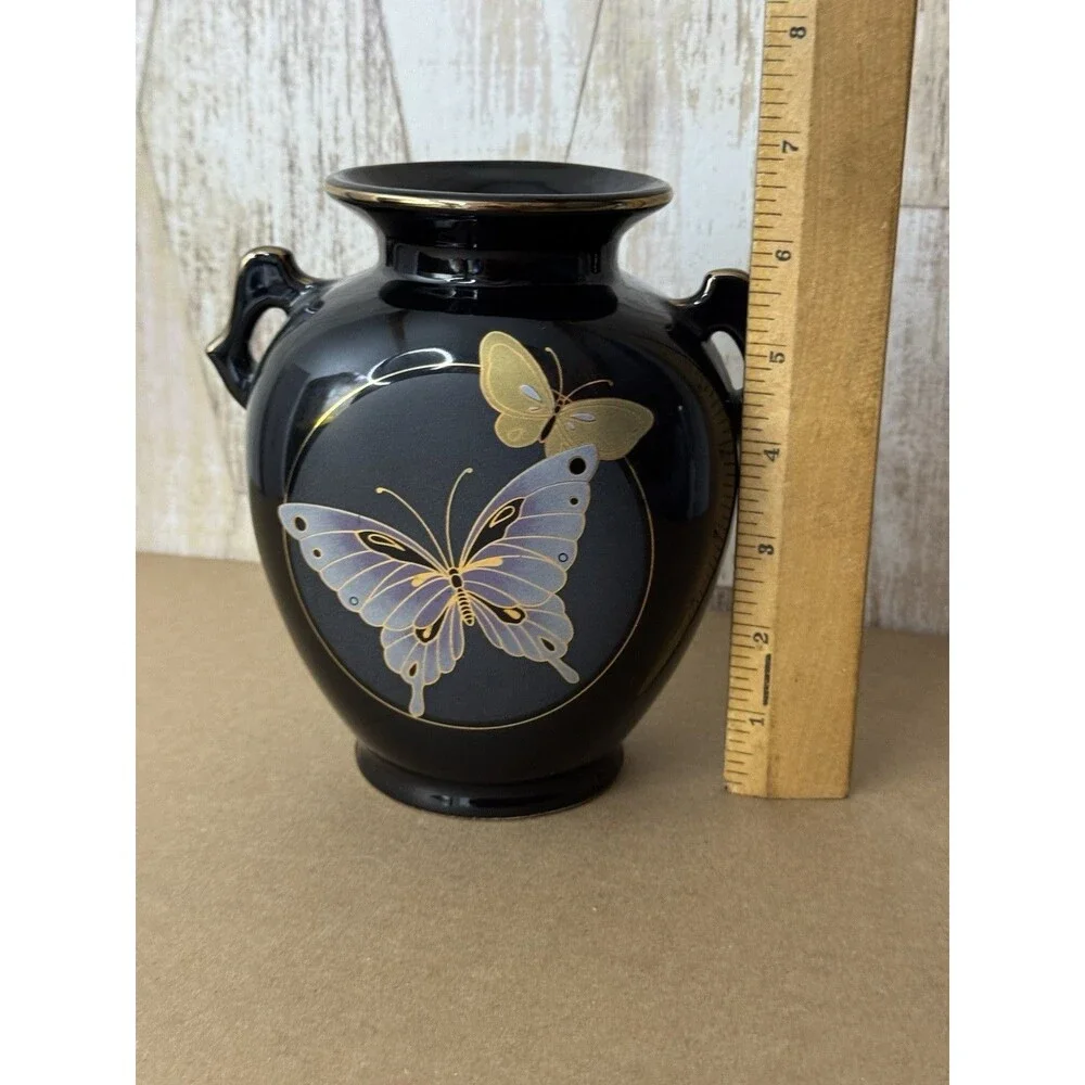 Vintage Imported Japanese Black‎ Vase w/ gold trim Butterfly Ceramic